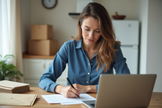 Femme remplissant un formulaire de changement d'adresse dans un appartement moderne