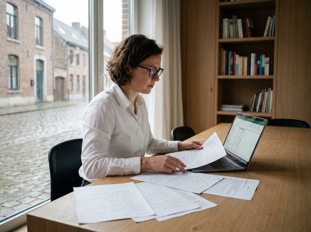 Une femme compare des offres d'entreprises de construction dans un bureau à domicile en Belgique