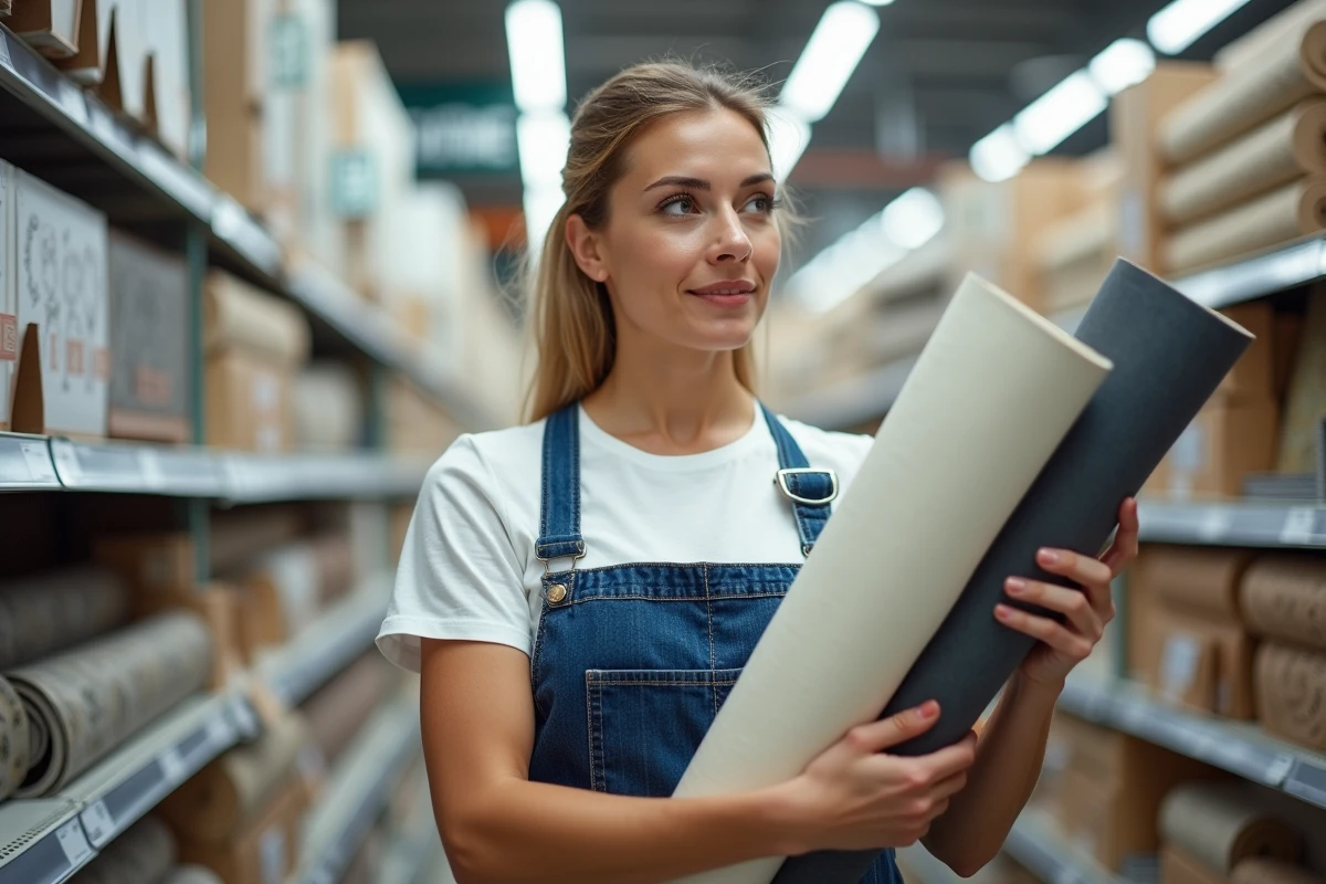 Femme comparant des échantillons de papier peint dans un magasin de bricolage