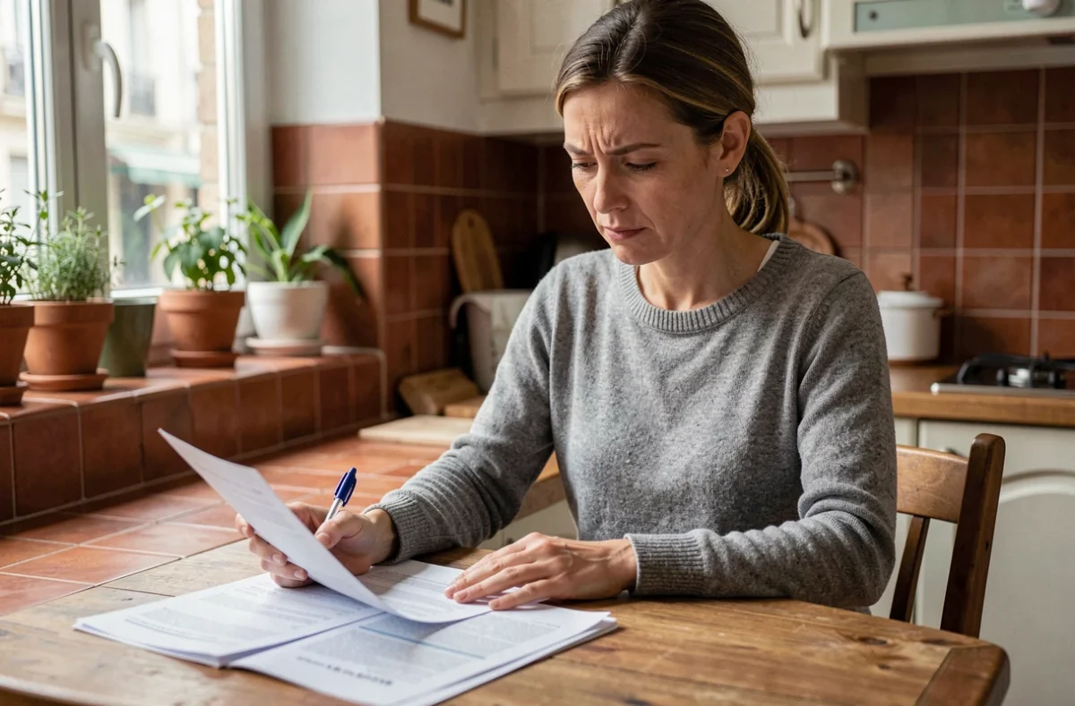 Femme qui compare des contrats d'assurance habitation à la table de sa cuisine pour réduire sa prime annuelle