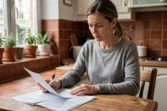 Femme qui compare des contrats d'assurance habitation à la table de sa cuisine pour réduire sa prime annuelle