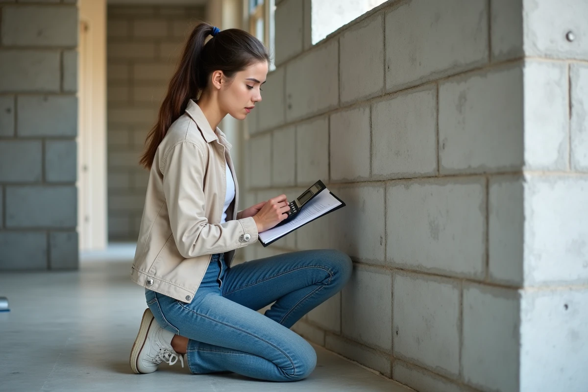Jeune femme vérifiant mur en béton intérieur