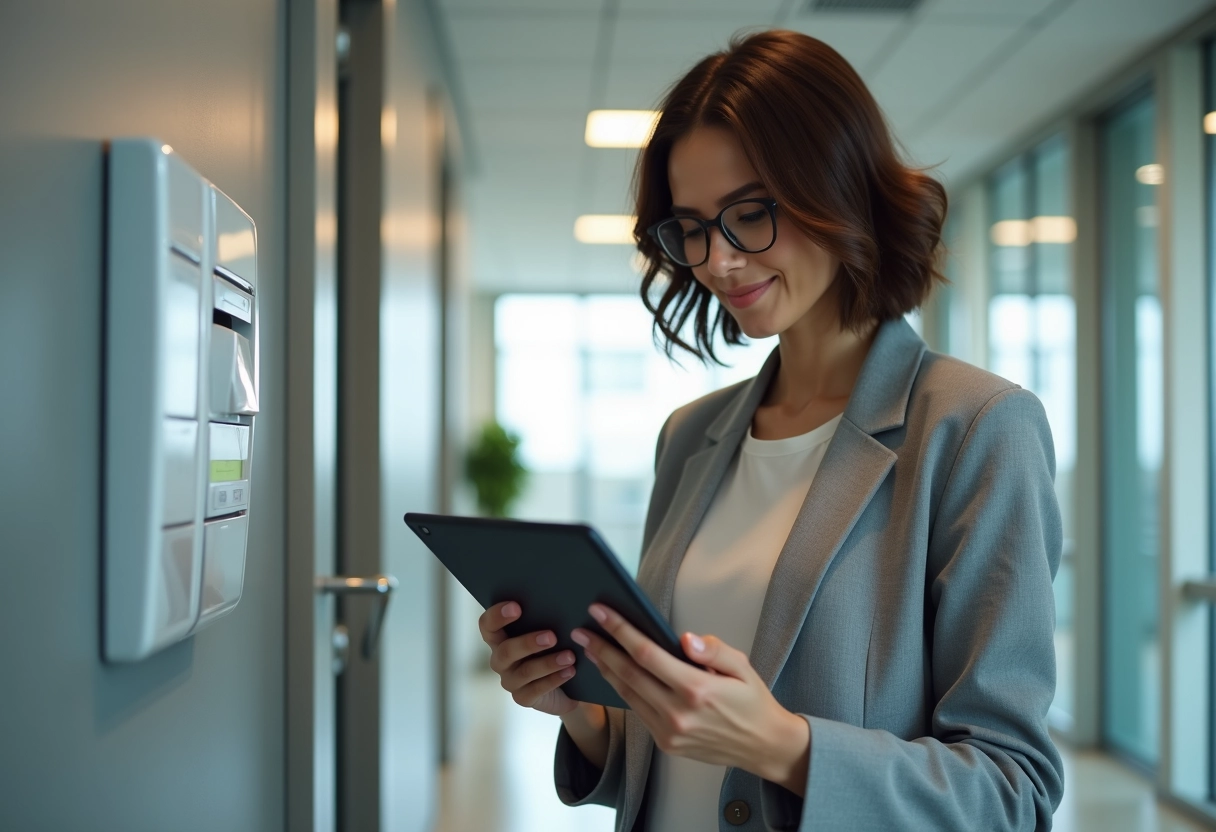 Jeune femme d affaires vérifiant un rapport d énergie avec une tablette