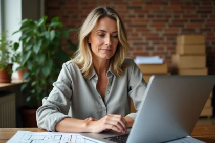 Femme consultant le site Permishabitation.fr sur un ordinateur portable avec des plans de maison sur son bureau