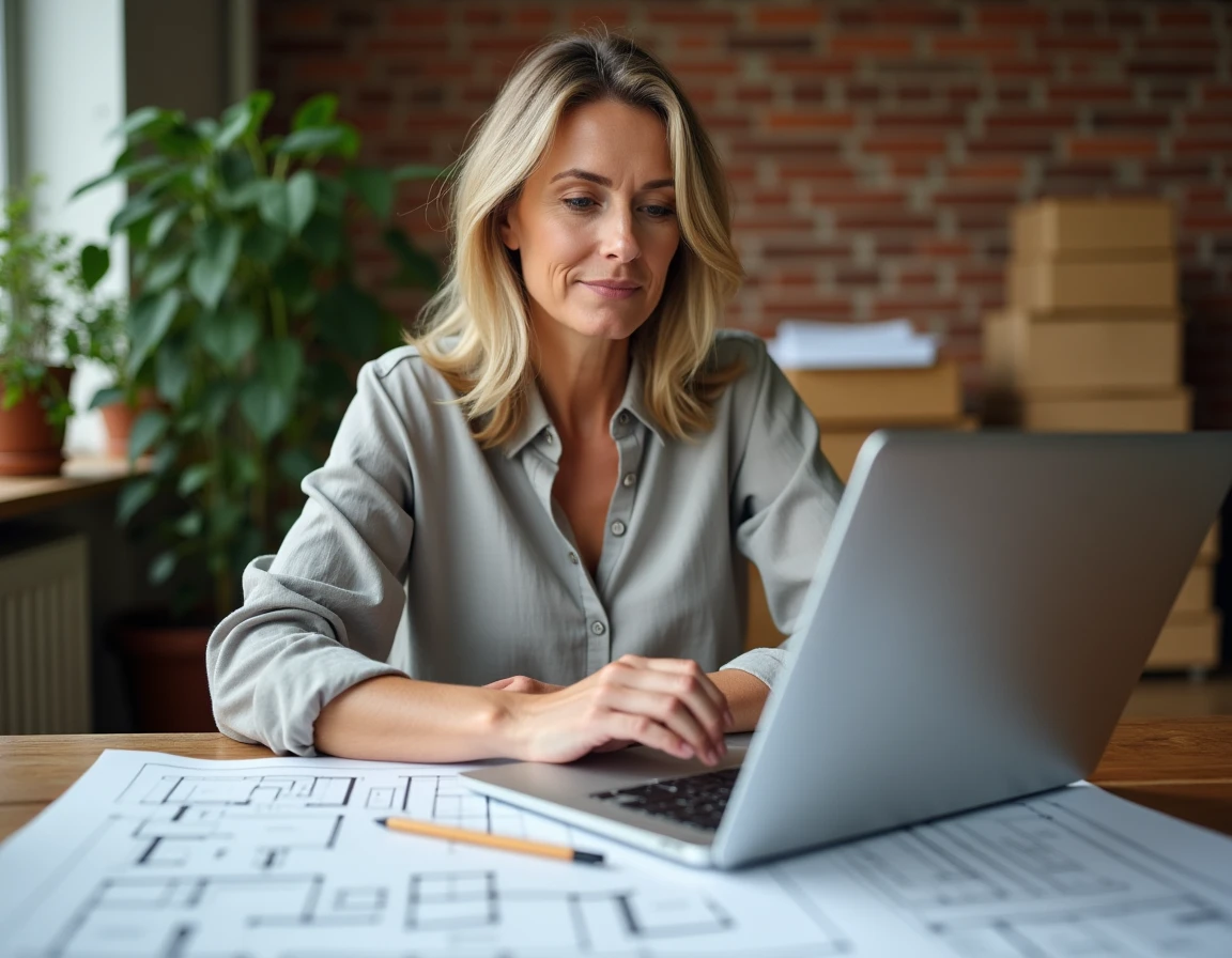 Femme consultant le site Permishabitation.fr sur un ordinateur portable avec des plans de maison sur son bureau