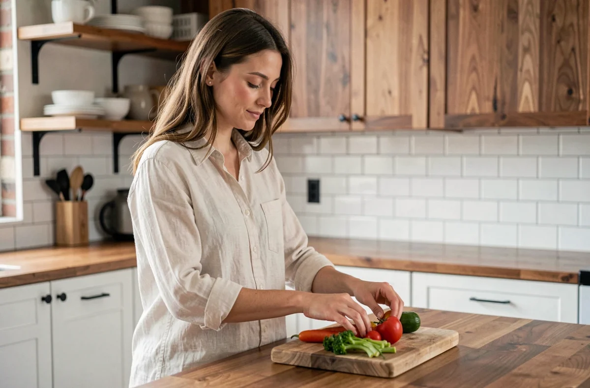 Femme arrangeant des légumes dans une cuisine blanche et bois de loft avec îlot en noyer