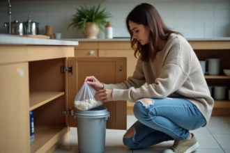 Jeune femme scellant des larves blanches dans la cuisine moderne