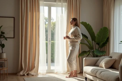 Femme ajustant des rideaux en velours dans un salon moderne