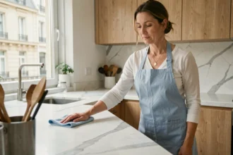 Femme de ménage en tablier nettoyant un plan de travail dans une cuisine moderne d'appartement parisien