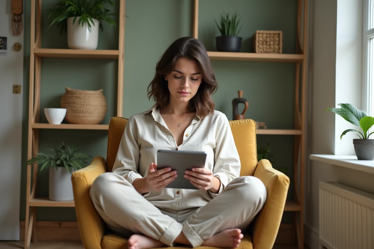 Femme consultant des bons plans Sklum sur une tablette, assise dans un fauteuil en velours dans un intérieur décoré