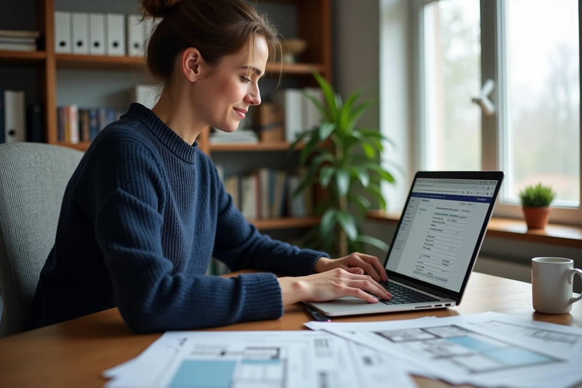 Femme consultant un formulaire de devis travaux en ligne sur son ordinateur portable à domicile
