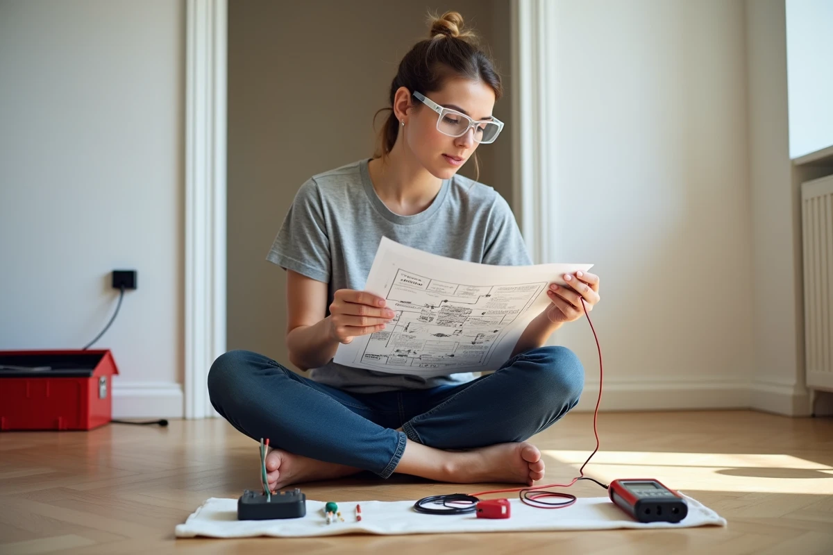 Femme consultant un schéma de câblage électrique avec un multimètre et des fils de prise démontée posés au sol