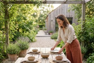 Femme élégante dans un jardin avec table en bois et vaisselle