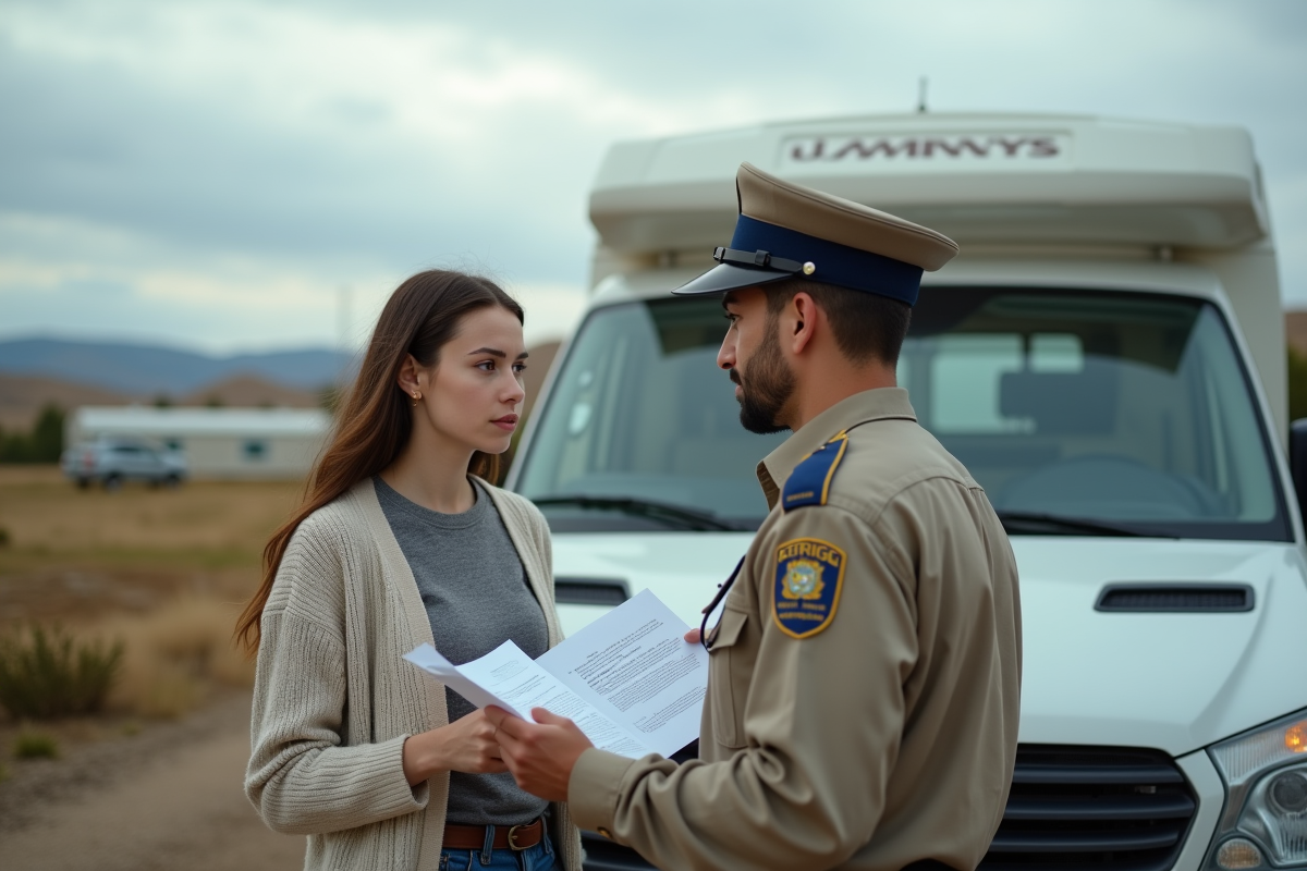 Jeune femme parle avec un officiel près d une maison mobile