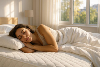 Femme dormant paisiblement sur un matelas moderne lumineux