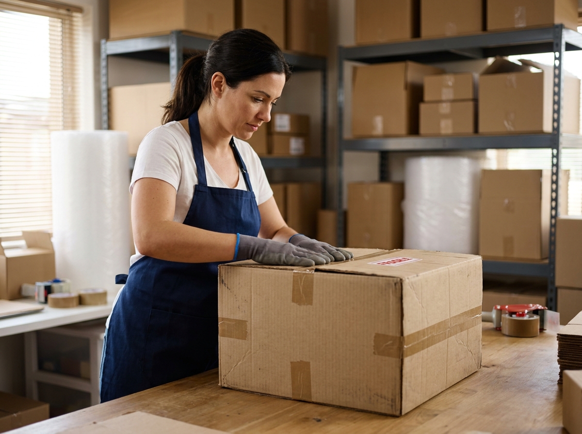 Femme emballant un colis dans un carton d'expédition dans un entrepôt de logistique