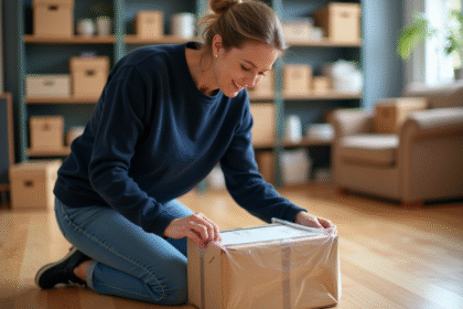 Femme emballant un colis dans un bureau organisé
