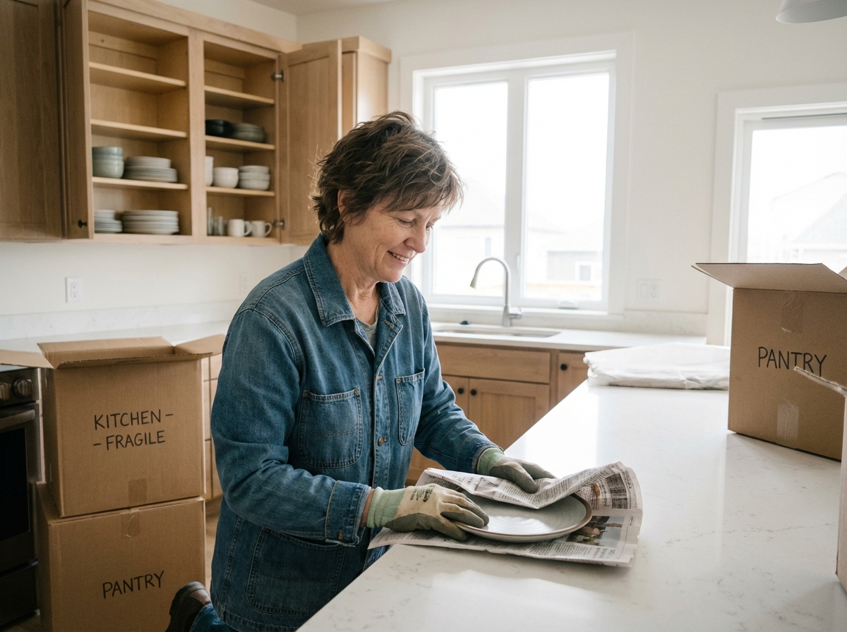 Femme emballant des objets de cuisine dans une cuisine moderne