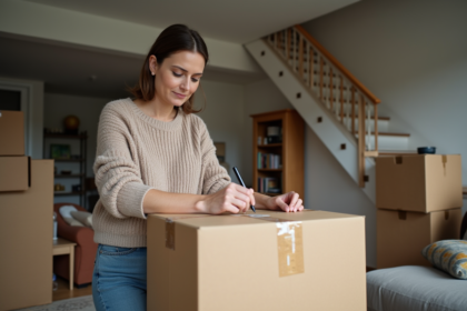 Femme faisant le tri dans des cartons dans un salon en transition