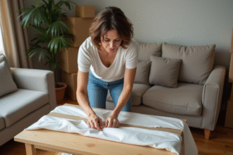Femme emballant une table en bois avec des couvertures