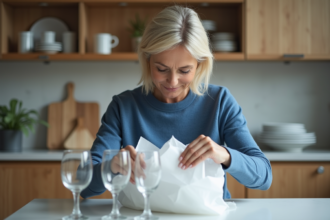 Femme emballant des verres en verre dans la cuisine