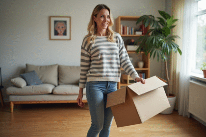 Femme souriante emballant des affaires dans une maison chaleureuse