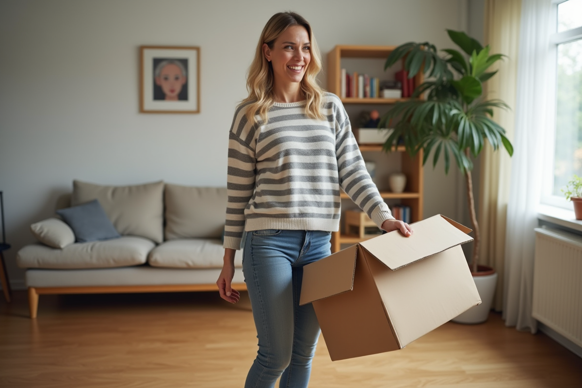 Femme souriante emballant des affaires dans une maison chaleureuse
