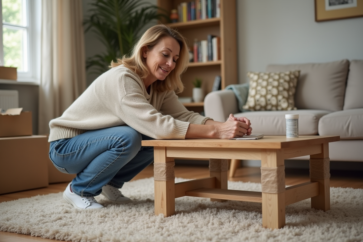 Femme emballant un meuble avec du papier bulle dans un salon organisé