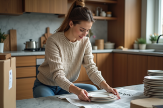 Femme emballant des assiettes en céramique dans une cuisine moderne