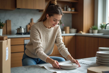Femme emballant des assiettes en céramique dans une cuisine moderne