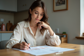 Femme en train d'étudier un devis de location dans un appartement lumineux