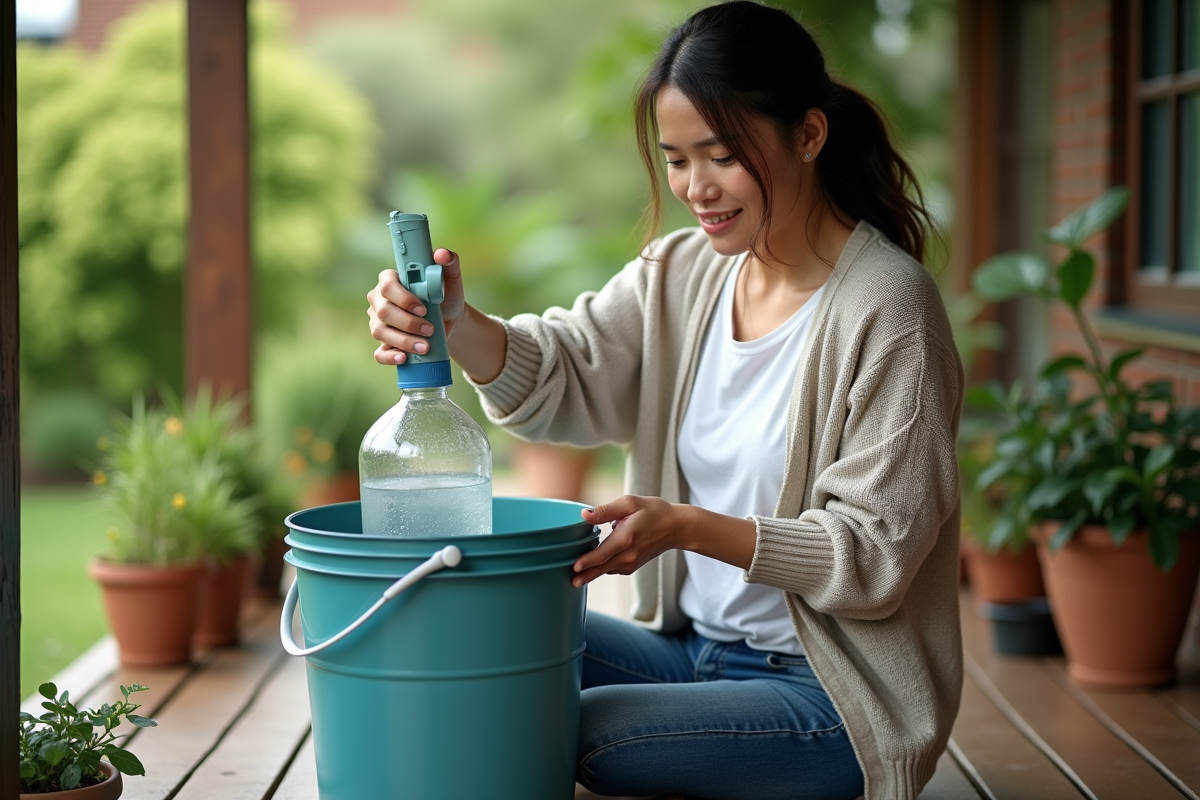 Femme versant de l'eau filtrée dans une bouteille sur une terrasse