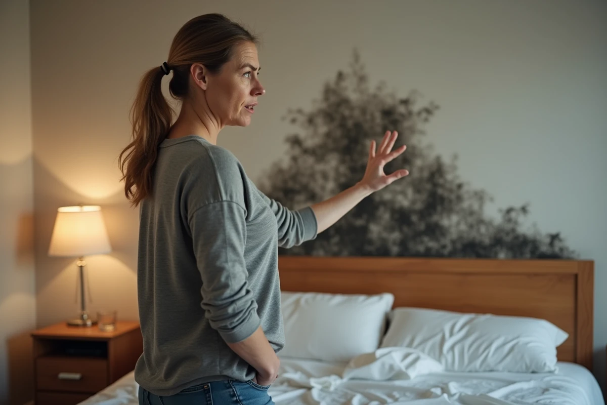 Femme adulte inquiète observant des moisissures sur le mur de sa chambre derrière la tête de lit en bois