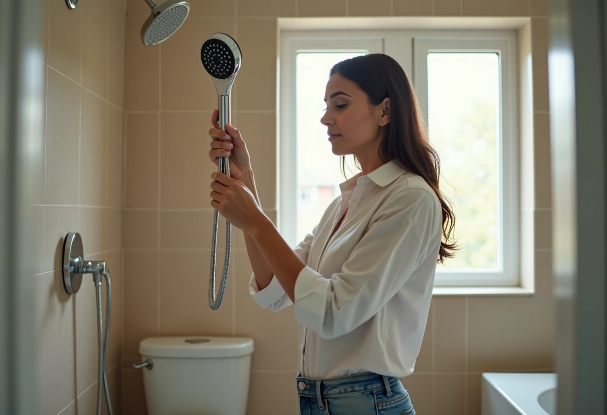 Femme vérifiant une tête de douche amovible dans la salle de bain