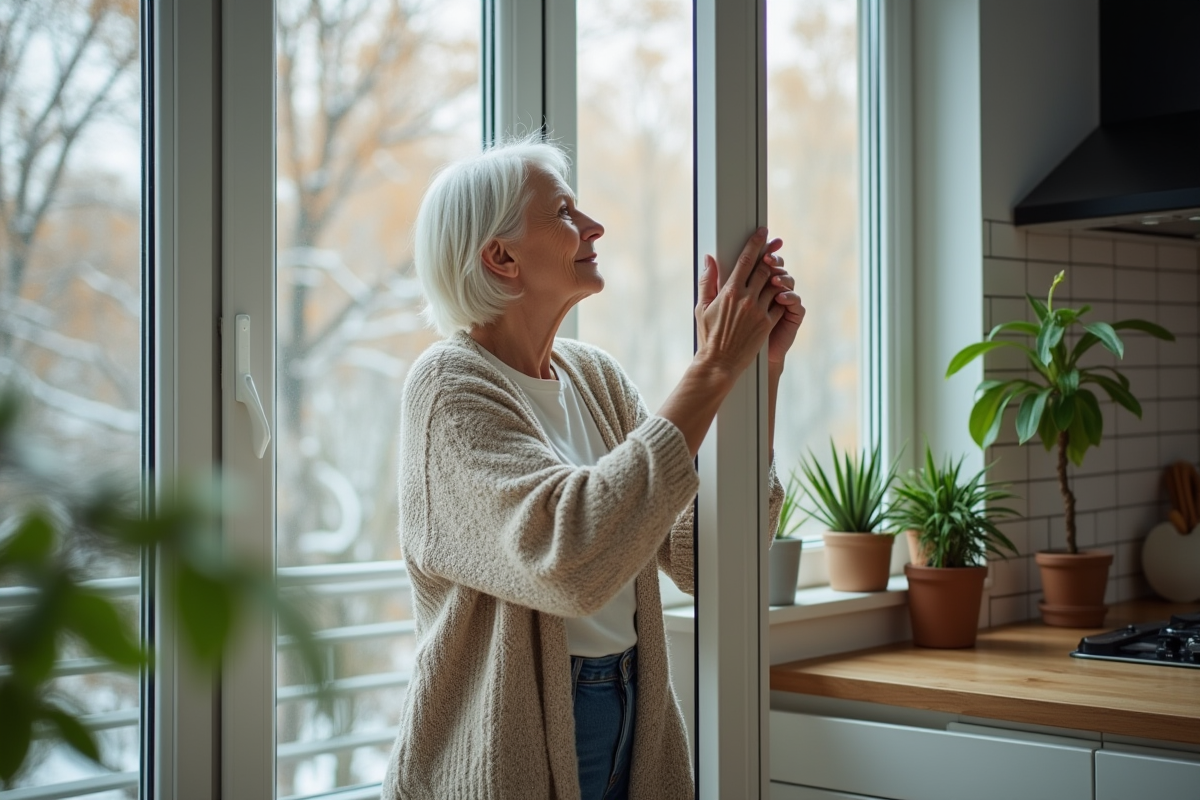 Femme senior scellant une fenêtre avec du ruban isolant dans la cuisine