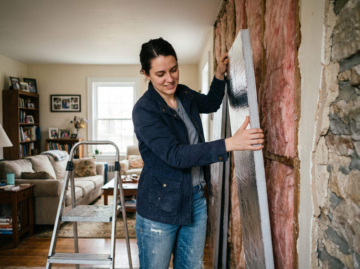 Jeune femme pose des panneaux d isolation dans un salon