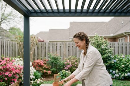 Femme souriante dans le jardin sous une pergola moderne