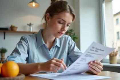 Femme consultant un justificatif de domicile à son bureau dans un appartement moderne