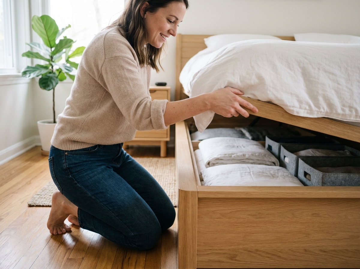Femme en jeans soulevant un lit de rangement moderne