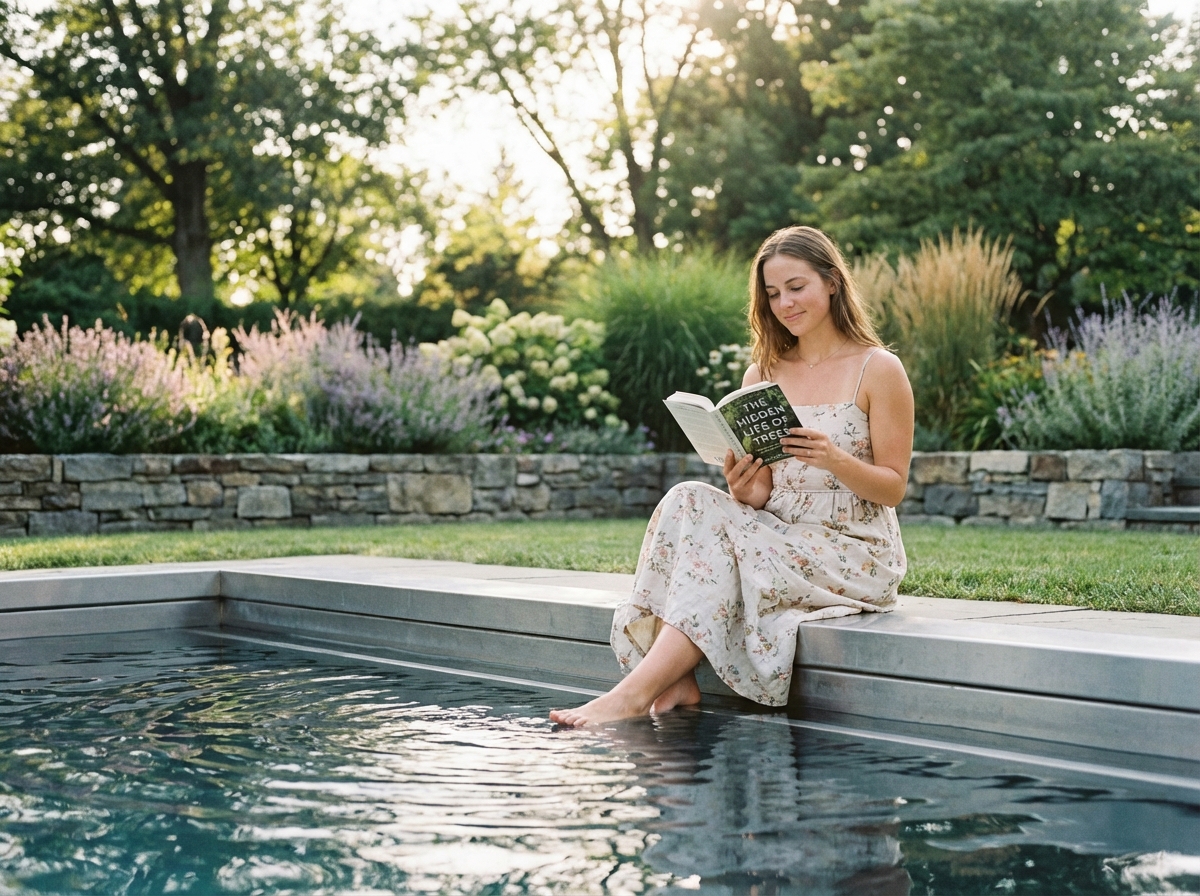 Femme lisant au bord de la piscine en extérieur