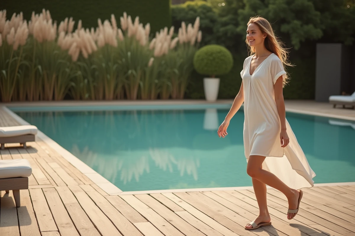 Jeune femme marchant sur le deck en bois de la piscine