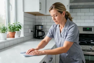 Femme de ménage professionnelle nettoyant un plan de travail de cuisine moderne avec un chiffon en microfibre