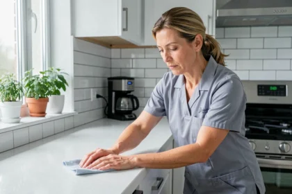 Femme de ménage professionnelle nettoyant un plan de travail de cuisine moderne avec un chiffon en microfibre