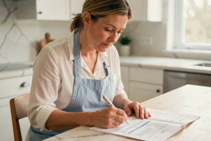 Femme de ménage remplissant un formulaire CESU à la table de cuisine pour déclarer son activité