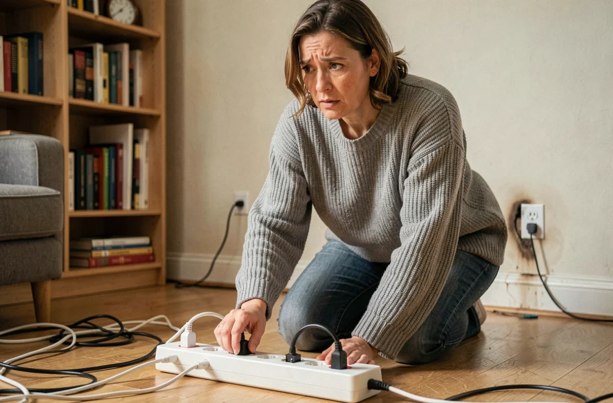 Femme observant avec inquiétude une multiprise surchargée pouvant provoquer un incendie électrique