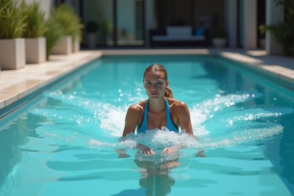 Femme en maillot de bain bleu nageant dans une piscine extérieure