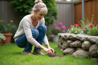 Femme inspectant un nid de lézard dans un jardin résidentiel