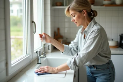 Femme nettoyant une fenetre PVC avec un chiffon