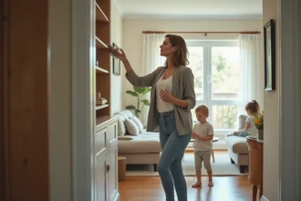 Femme nettoyant un salon familial moderne et lumineux