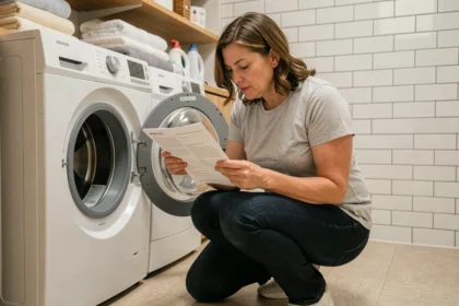 Femme lisant la notice condensée d'une machine à laver VALBERG dans une buanderie moderne